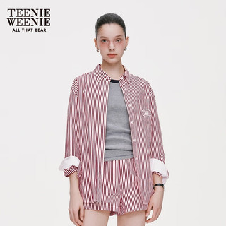 Teenie Weenie小熊2024年条纹凉感春日衬衫宽松时尚长袖红色衬衣女