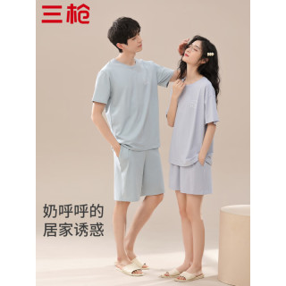三枪 睡衣男春夏短袖短裤女套头薄款简约透气宽松可外穿睡衣家居服 蓝色（女） XL