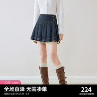 乐町复古学院风百褶裙女2024年春季新款侧边搭袢设计深牛仔蓝短裙 深牛仔蓝（现货）