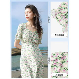 三彩大码女装季法式碎花连衣裙收腰A字裙胖MM浪漫清新 绿色 XXL