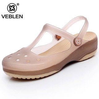 VEBLEN维布伦洞洞鞋女凉鞋夏季防滑厚底沙滩鞋平跟软底果冻鞋韩版包头海边度假纯色护士凉拖鞋6601 茶金 36（