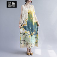 简当夏胖MM大码女装棉麻定位花无袖连衣裙宽松透气背心裙JY9051 图色 大码均码【130-180斤】