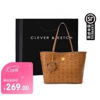 CLEVER & KETCH轻奢女包包2023印花通勤单肩手提包托特包子母包 棕色