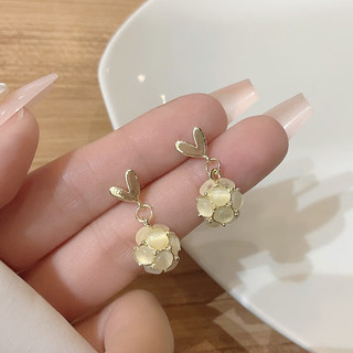 Trendolla925银针爱心猫眼石耳环法式轻奢设计感圆球气质时尚耳饰女 猫眼石耳环