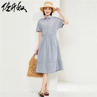 佐丹奴裙子女装纯棉梭织宽松收腰鱼尾连袖衬衫连衣裙05464332 70铁蓝 S