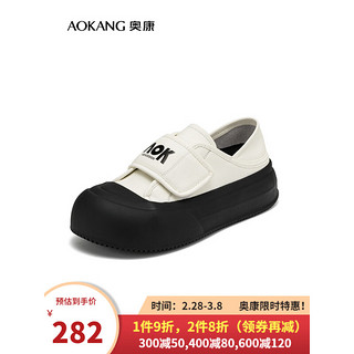 奥康（Aokang）女鞋 2024春季圆头魔术贴休闲鞋丑萌青春小白鞋百搭 白/黑 40