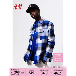 H&M2024春季男装夹克宽松版型斜纹布外套1195495 蓝色/格纹 175/108A