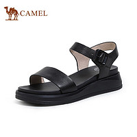 CAMEL 骆驼 凉鞋女轻盈牛皮一字带方形勾扣坡跟凉鞋 LF22220596 黑色 37