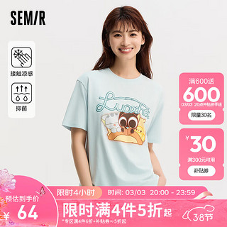 森马（Semir）森马罗小黑短袖T恤女卡通可爱2024夏季抗菌宽松套头衫 粉蓝80084 155/80A/S