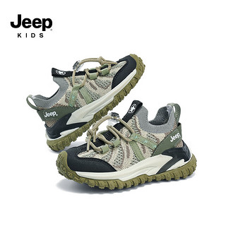 Jeep吉普儿童鞋子春款轻便透气跑步鞋防滑女童2024男童飞织运动鞋 军绿色-网面款 单层 37码  鞋内长约23.9cm