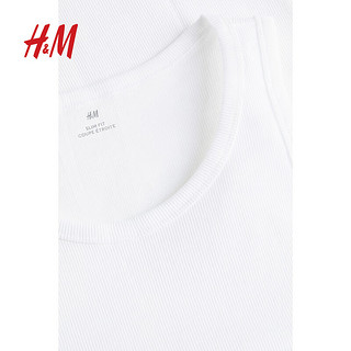 H&M男装背心2024春季简约修身圆领罗纹直筒柔软舒适背心1227155 白色 175/100A