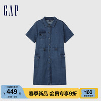 Gap女装2024春季新款松紧收腰短袖纽扣牛仔连衣裙工装裙872417 深蓝色 1