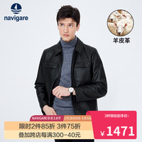 Navigare意大利小帆船真皮皮衣男春季翻领保暖外套羊皮革休闲皮夹克 暗夜黑 XXL/54