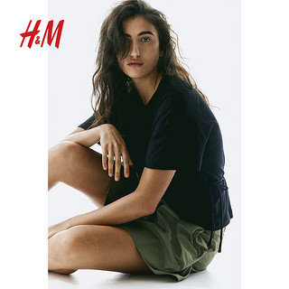 H&M女装T恤2024春季系带设计棉质汗布上衣1225514 黑色 155/80A XS