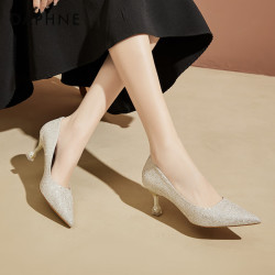 daphne达芙妮高跟鞋女尖头细跟浅口单鞋女仙女风气质增高婚宴鞋子银色