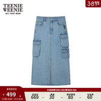 Teenie Weenie小熊2024春装休闲工装风牛仔开衩中长款半身裙女 浅蓝色 165/M