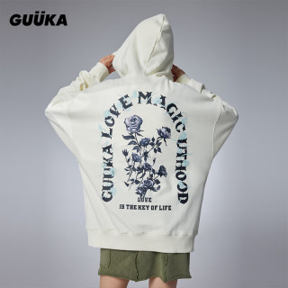 古由卡（GUUKA）复古油画印花连帽卫衣男春潮 设计感帽衫宽松百搭 奶油白W7891 M