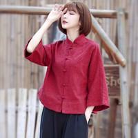 窈窕媄春秋季中式盘扣衬衫棉麻上衣女高端禅意唐装女装复古中国风素衣 【F143】酒红色上衣 2XL 115-125斤