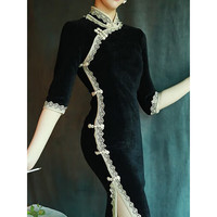 杜艳枝黑色旗袍改良版长袖连衣裙高端气质复古中国风长款女秋 黑色 L100-110斤