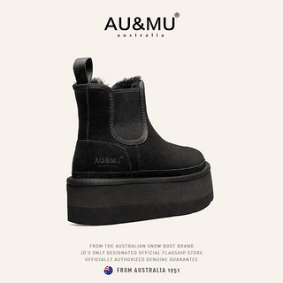 AU&MU2023澳洲羊毛雪地靴女款冬季加绒厚底短筒棉鞋防滑切尔西女靴 N612黑色 U6(37码) 37 U6