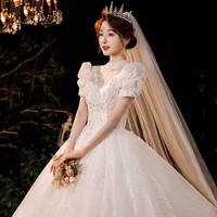 红妆饰佳 婚纱礼服2024新娘公主泡泡袖奢华宫廷风拖尾法式主婚纱 浅香槟平地款 M