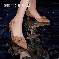 tigrisso 蹀愫 春秋新款蝴蝶结黑色法式高跟鞋尖头皮鞋绒面单鞋女TA43127-11