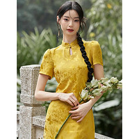 3.8焕新：WESTLINK 西遇 女士新中式国风旗袍领金色短袖连衣裙