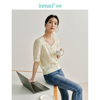 茵曼(INMAN)【商场同款】提花针织衫2024春季女装新款桃心领短袖拼接上衣 浅米杏