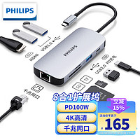 PHILIPS 飞利浦 type-c扩展坞转hdmi转网口mac拓展坞苹果电脑转换器八合一 SWR1602G【USB3.0、HDMI、千兆网口