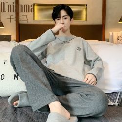 dolami多拉美睡衣男秋冬长袖纯棉华夫格休闲简约中青年家居服外穿套装