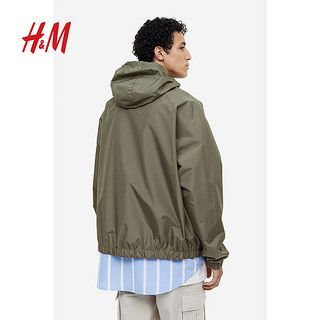 H&M男装风衣标准版型疏水连帽长袖合身抽绳外套1129749 绿色 165/84A