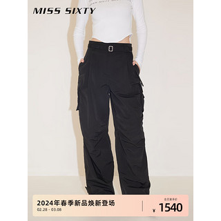 MISS SIXTY江疏影同款2024春季裤子女可调节裤脚工装风直筒裤 黑色 XS
