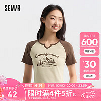 森马（Semir）短袖T恤女短款设计感印花2024夏季插肩袖紧身套头衫山系 咖色调00355 155/80A/S