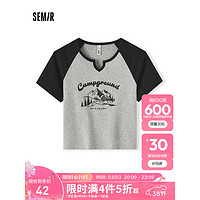 森马（Semir）短袖T恤女短款设计感印花2024夏季插肩袖紧身套头衫山系 中花灰00510 155/80A/S