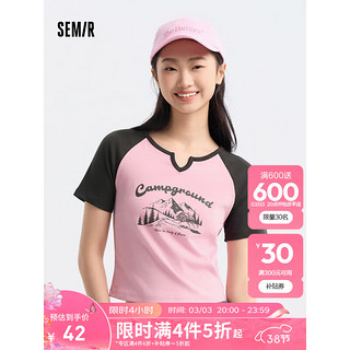 森马（Semir）短袖T恤女短款设计感印花2024夏季插肩袖紧身套头衫山系 玫红60167 155/80A/S