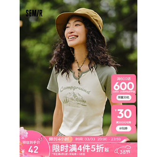 森马（Semir）短袖T恤女短款设计感印花2024夏季插肩袖紧身套头衫山系 奶白10501 170/92A/XL