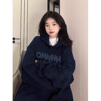 LDBE连帽卫衣女加绒加厚春秋2024年美式复古设计感宽松外套上衣潮 藏青色【春秋薄款】 XL(110-125斤)