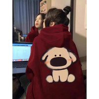 LDBE酒红色连帽重磅卫衣女银狐绒春季加绒加厚美式复古国潮牌外套上衣 酒红色【秋冬加绒】 2XL（125-140斤）
