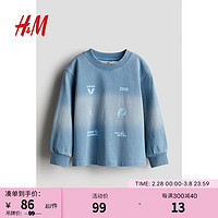 H&M2024春季童装男童柔软棉质圆领印花长袖T恤1223975 浅灰蓝色 110/56