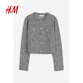 H&M 女装短外套小香风2024春季保暖舒适纹理感短款开衫1177837 黑色/白色 170/104A