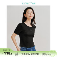茵曼(INMAN)法式通勤U领T恤2024夏季女装新款花边短袖透气显瘦百搭上衣 午夜黑 S