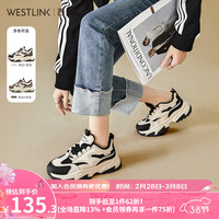 WESTLINK 西遇 厚底老爹鞋女2024春季休闲鞋增高运动鞋 米白+黑色 35