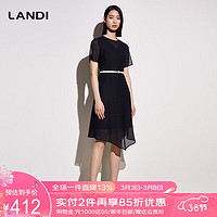 LANDI 蓝地 圆领网纱短袖收腰连衣裙女2023夏季新款不规则下摆裙子 藏青色 XL