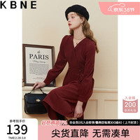 KBNE红色连衣裙女垂坠感kbne冬V领高级感超好看气质裙子 酒红色 L