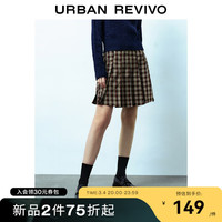 UR2024春季新款女装复古学院风撞色格纹压褶A字半裙UWU540003 棕色格子