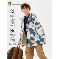 Hush Puppies 暇步士 童装儿童连帽薄款外套风衣2024春秋季拼色风衣舒适防风休闲 雾霾蓝 120cm