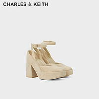 CHARLES&KEITH24春季绒布腕带方头防水台高跟鞋CK1-60280425 Beige米色 34