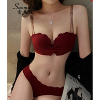 维多利亚的优雅2023新款内衣套装本命年结婚新娘无肩带防滑文胸罩女小胸聚拢 主图款朱红【套装】