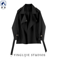 携鱼气质英伦风衣男女中长款百搭小个子收腰显大衣外套 051黑色 L 100120斤