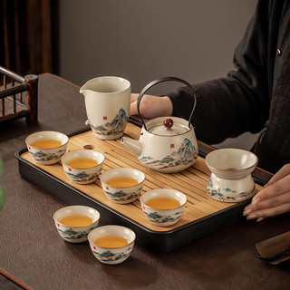瓷牌茗茶具汝窑功夫茶具套装家用轻奢陶瓷燕尾提梁壶盖碗茶杯茶盘整套礼盒装